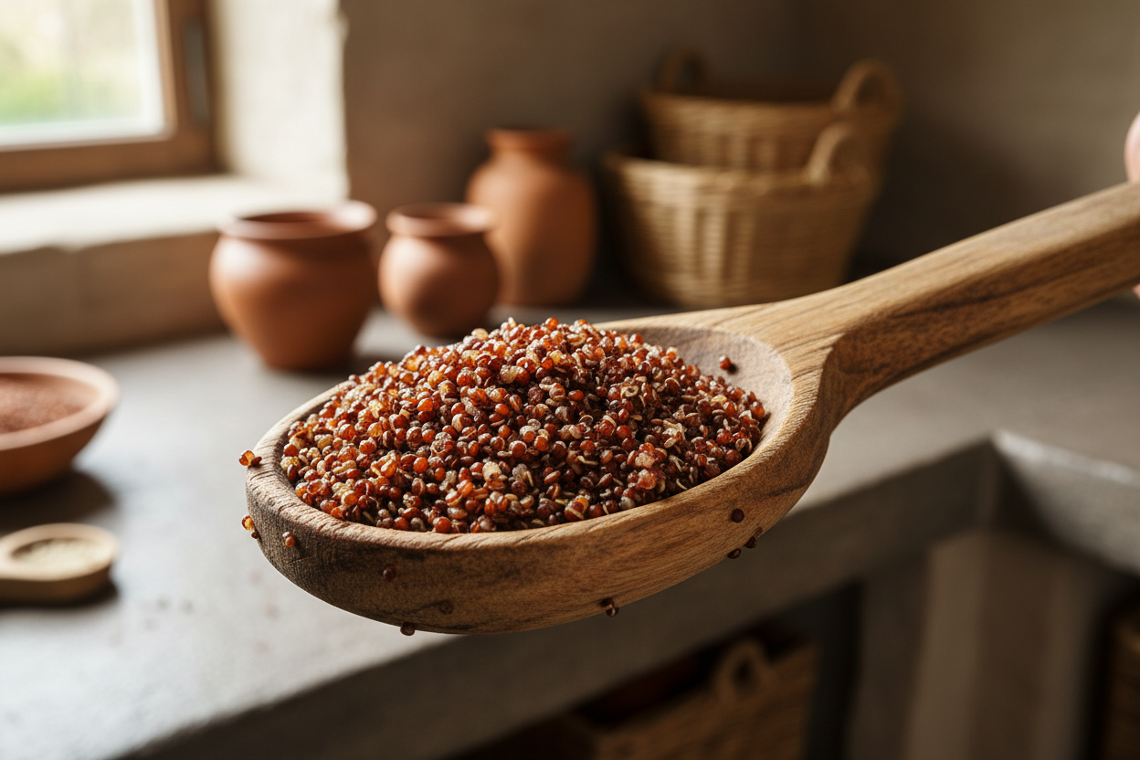 red quinoa on a wooden spoon