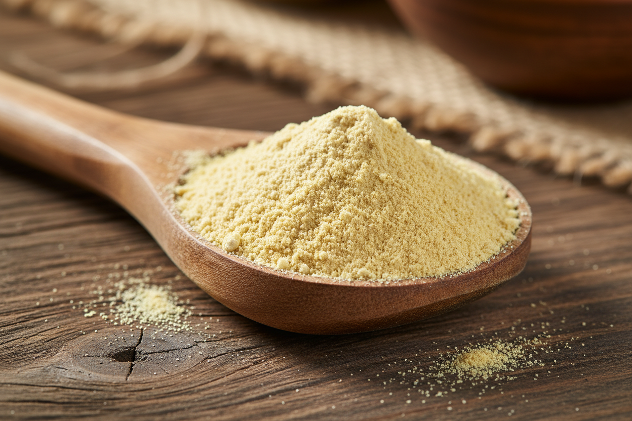 Light yellow maca root powder on a borwn wooden spoon