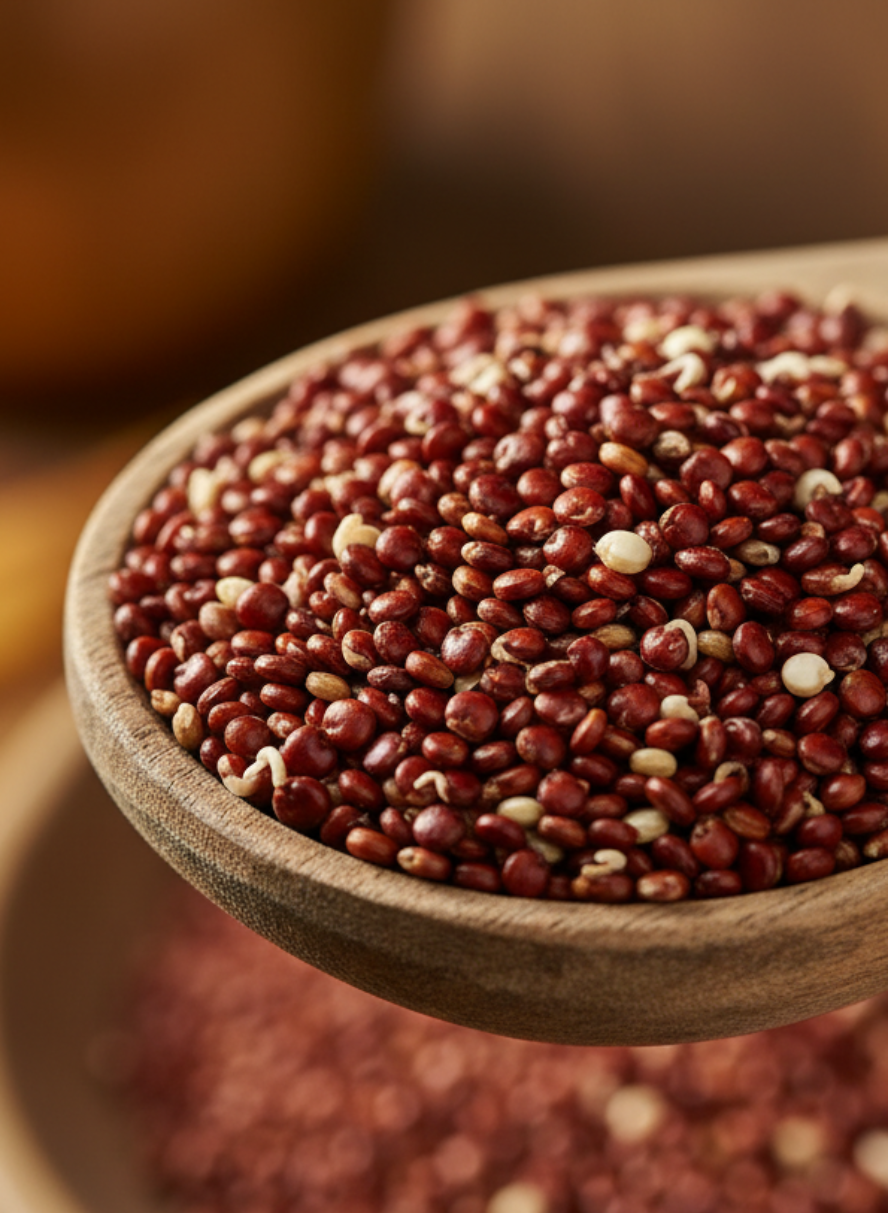 Portrait image of red quinoa on a wooden spoon